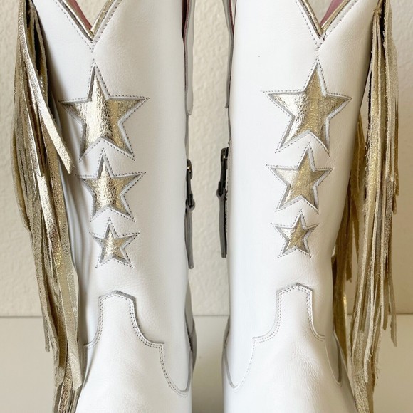 Junk Gypsy Womens Boots Sz 7.5 White Silver Stars Snip Toe Fringe Shortie Zipper - Picture 4 of 12